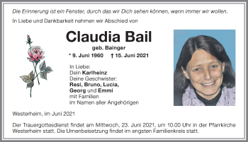 Traueranzeige von Claudia Bail von Memminger Zeitung