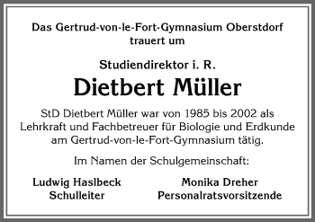 Traueranzeige von Dietbert Müller von Allgäuer Anzeigeblatt