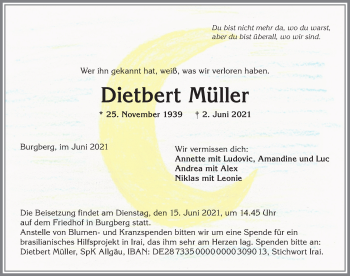 Traueranzeige von Dietbert Müller von Allgäuer Anzeigeblatt