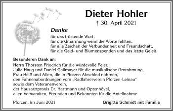 Traueranzeige von Dieter Hohler von Allgäuer Zeitung, Kaufbeuren/Buchloe