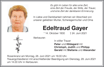 Traueranzeige von Edeltraud Gayer von Memminger Zeitung