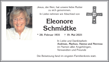 Traueranzeige von Eleonore Schmidtke von Allgäuer Anzeigeblatt