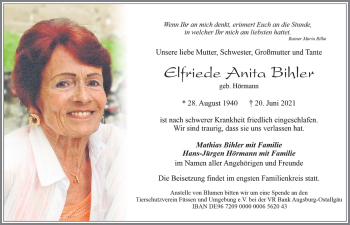 Traueranzeige von Elfriede Anita Bihler von Allgäuer Zeitung, Füssen