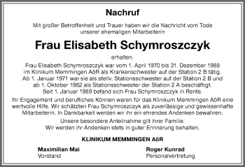 Traueranzeige von Elisabeth Schymroszczyk von Memminger Zeitung