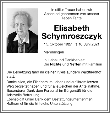 Traueranzeige von Elisabeth Schymroszczyk von Memminger Zeitung