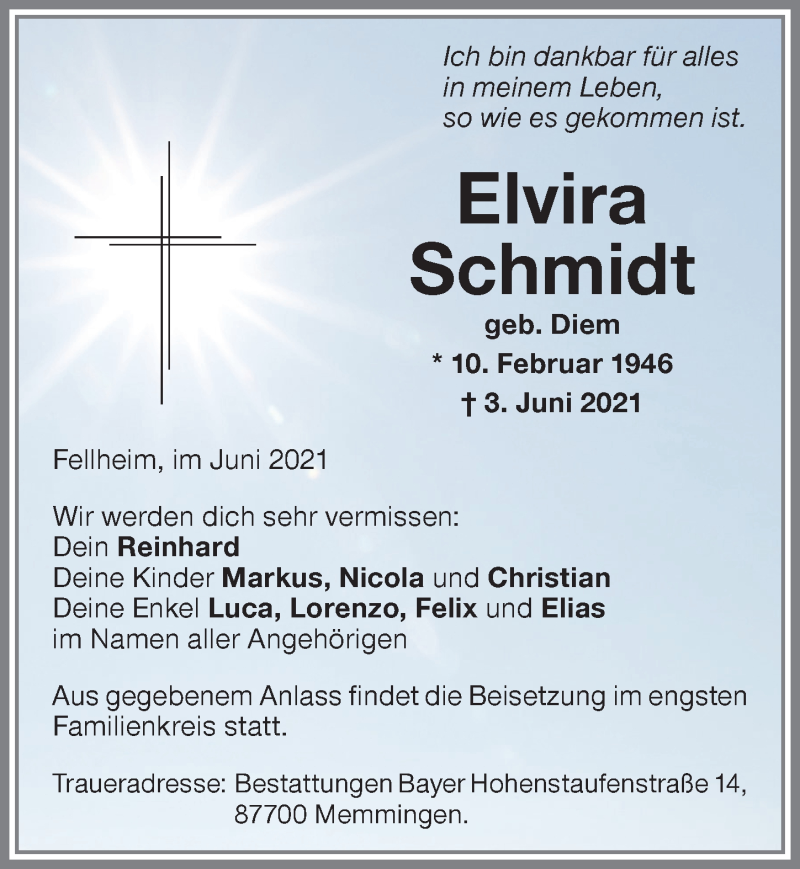  Traueranzeige für Elvira Schmidt vom 10.06.2021 aus Memminger Zeitung