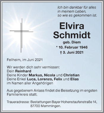 Traueranzeige von Elvira Schmidt von Memminger Zeitung