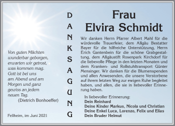 Traueranzeige von Elvira Schmidt von Memminger Zeitung
