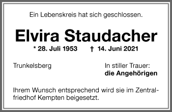 Traueranzeige von Elvira Staudacher von Memminger Zeitung