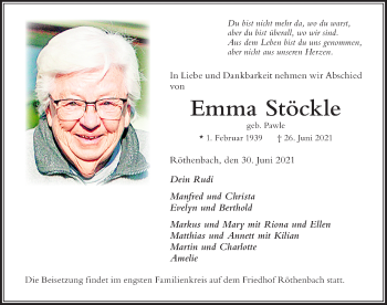 Traueranzeige von Emma Stöckle von Der Westallgäuer