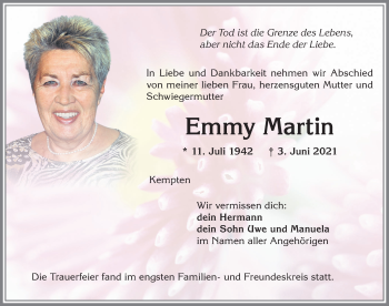Traueranzeige von Emmy Martin von Allgäuer Zeitung,Kempten