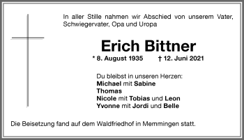 Traueranzeige von Erich Bittner von Memminger Zeitung