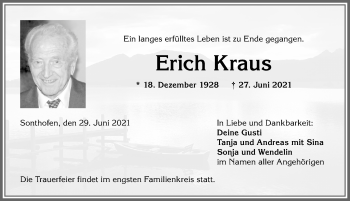 Traueranzeige von Erich Kraus von Allgäuer Anzeigeblatt