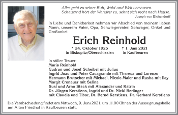 Traueranzeige von Erich Reinhold von Allgäuer Zeitung, Kaufbeuren/Buchloe