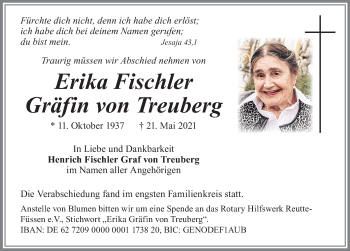 Traueranzeige von Erika Gräfin von Treuberg Fischler von Allgäuer Zeitung, Füssen