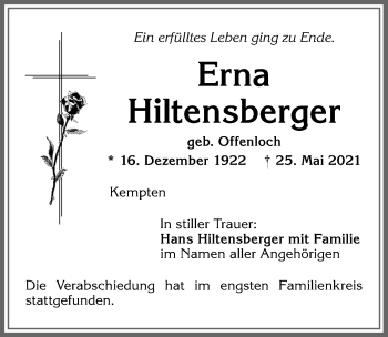 Traueranzeige von Erna Hiltensberger von Allgäuer Zeitung,Kempten