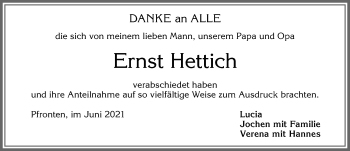 Traueranzeige von Ernst Hettich von Allgäuer Zeitung, Füssen