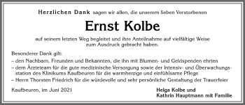 Traueranzeige von Ernst Kolbe von Allgäuer Zeitung, Kaufbeuren/Buchloe