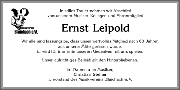 Traueranzeige von Ernst Leipold von Allgäuer Anzeigeblatt
