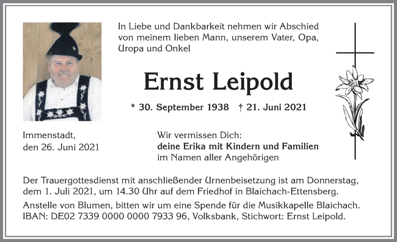  Traueranzeige für Ernst Leipold vom 26.06.2021 aus Allgäuer Anzeigeblatt