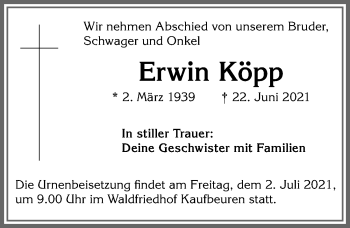 Traueranzeige von Erwin Köpp von Allgäuer Zeitung, Kaufbeuren/Buchloe
