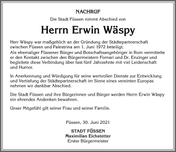 Traueranzeige von Erwin Wäspy von Allgäuer Zeitung, Füssen