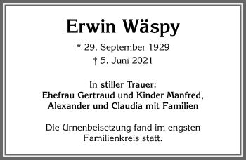 Traueranzeige von Erwin Wäspy von Allgäuer Zeitung