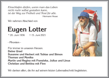 Traueranzeige von Eugen Lotter von Allgäuer Zeitung, Füssen