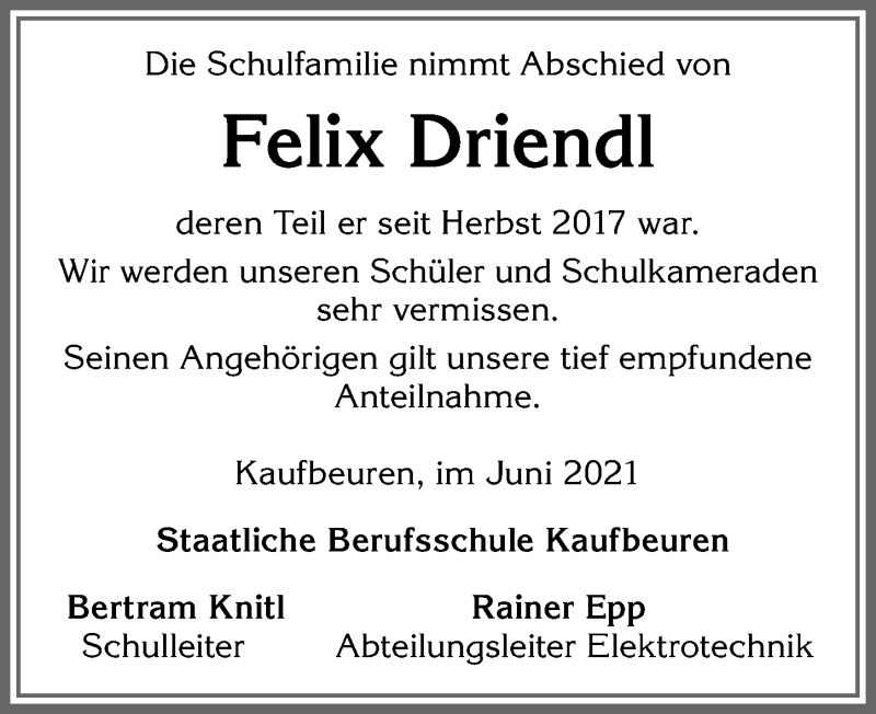  Traueranzeige für Felix Driendl vom 30.06.2021 aus Allgäuer Zeitung, Füssen