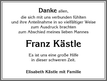 Traueranzeige von Franz Kästle von Memminger Zeitung