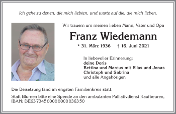 Traueranzeige von Franz Wiedemann von Allgäuer Zeitung, Kaufbeuren/Buchloe
