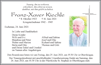 Traueranzeige von Franz-Xaver Kiechle von Allgäuer Zeitung, Marktoberdorf