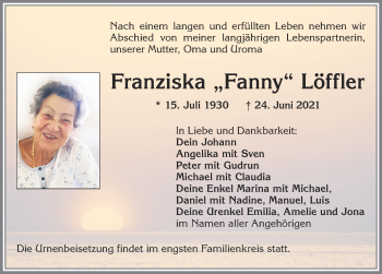 Traueranzeige von Franziska Löffler von Allgäuer Zeitung, Kaufbeuren/Buchloe