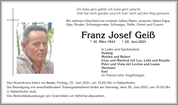 Traueranzeige von Franz Josef Geiß von Allgäuer Zeitung, Marktoberdorf