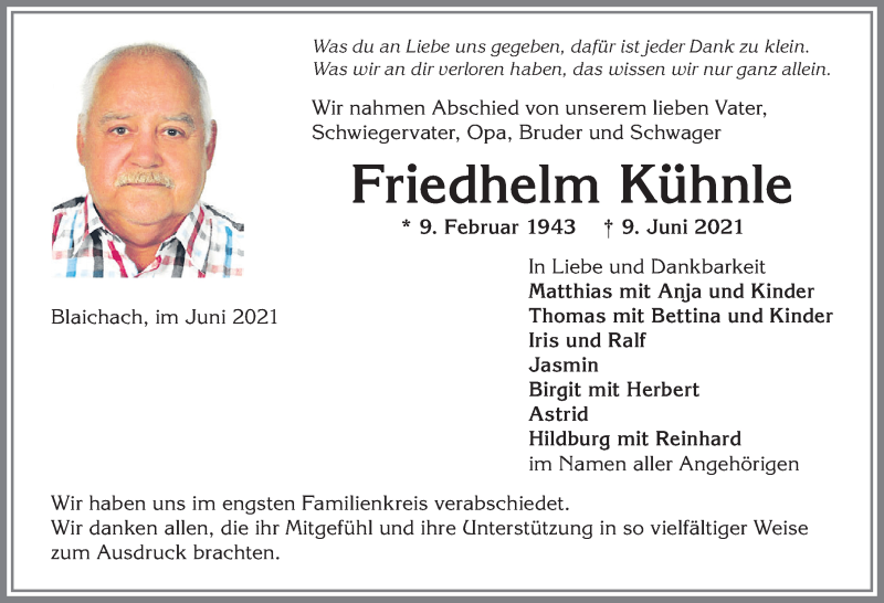  Traueranzeige für Friedhelm Kühnle vom 19.06.2021 aus Allgäuer Anzeigeblatt