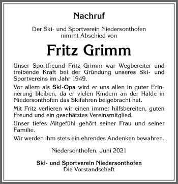 Traueranzeige von Fritz Grimm von Allgäuer Zeitung