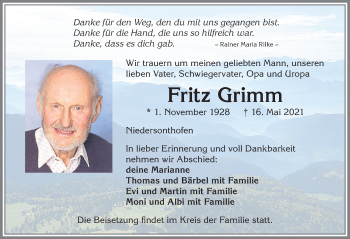 Traueranzeige von Fritz Grimm von Allgäuer Zeitung