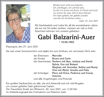 Traueranzeige von Gabi Balzarini-Auer von Allgäuer Anzeigeblatt