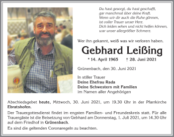 Traueranzeige von Gebhard Leißing von Allgäuer Zeitung