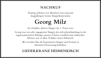 Traueranzeige von Georg Milz von Der Westallgäuer