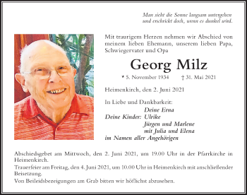 Traueranzeige von Georg Milz von Der Westallgäuer
