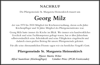 Traueranzeige von Georg Milz von Der Westallgäuer