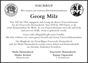 Traueranzeige von Georg Milz von Der Westallgäuer