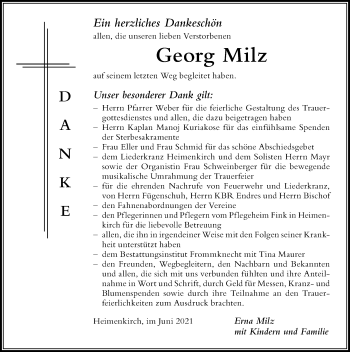 Traueranzeige von Georg Milz von Der Westallgäuer
