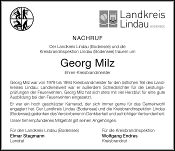 Traueranzeige von Georg Milz von Der Westallgäuer