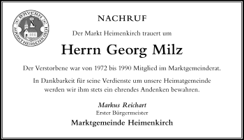 Traueranzeige von Georg Milz von Der Westallgäuer