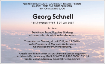 Traueranzeige von Georg Schnell von Der Westallgäuer