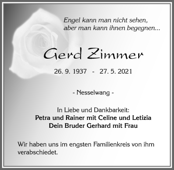 Traueranzeige von Gerd Zimmer von Allgäuer Zeitung, Füssen