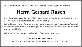 Traueranzeige von Gerhard Rasch von Allgäuer Zeitung, Marktoberdorf