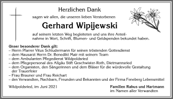 Traueranzeige von Gerhard Wipijewski von Allgäuer Zeitung,Kempten